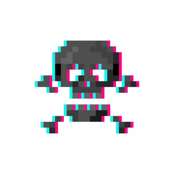 Pixel art 8-bit glitch skull with crossbones - isolated vector illustration vector art illustration