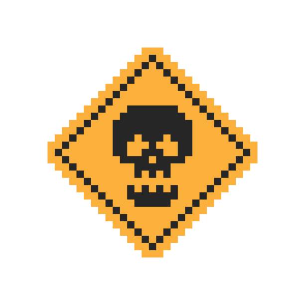 Pixel art 8-bit yellow road sign with skull - isolated vector illustration vector art illustration