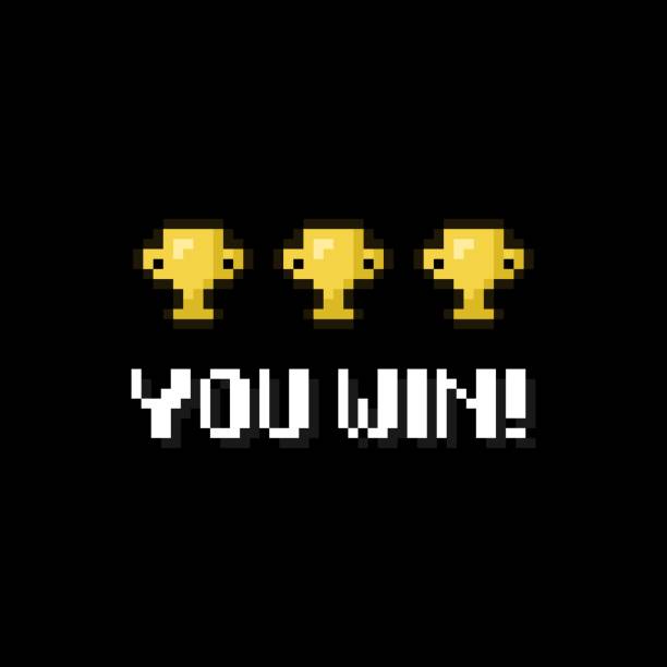 Pixel art 8-bit You Win text with three winner golden cups on black background - isolated vector illustration vector art illustration