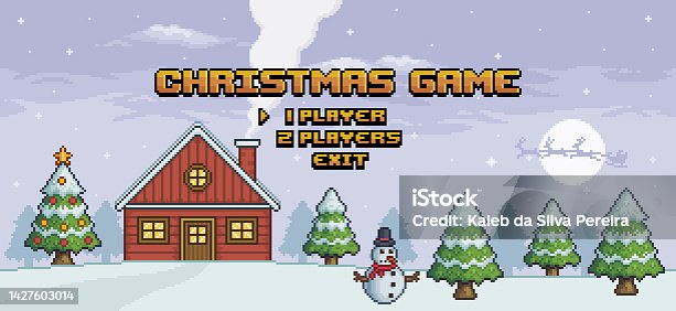 istock Pixel art christmas game with house, christmas tree, pine background vector for 8bit game 1427603014