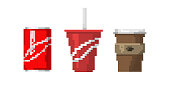 Pixel art fast drink cups vector illustration. Morning mug cappuccino symbol design. Graphic menu retro shop sign caffeine espresso. Takeaway beverage.
