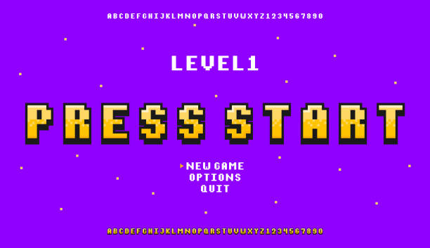 Pixel art font. Retro alphabet for 8bit games or retro-looking project. Vintage pixel typeface design with stylized letters and numbers. Pixel art font. Retro alphabet for 8bit games or retro-looking project. Vintage pixel typeface design with stylized letters and numbers. Vector. leisure games stock illustrations