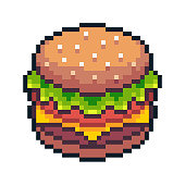 Pixel art hamburger isolated on white background.
