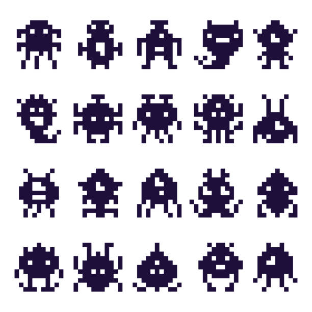 Pixel art invaders silhouette. Space invader monster game, pixels robots and retro arcade games isolated vector icons set Pixel art invaders silhouette. Space invader monster game, pixels robots and retro arcade games. Computer video game vintage graphics alien monsters characters isolated vector icons set robot silhouettes stock illustrations