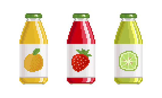 pixel art juice glass bottle orange strawberry and lime
