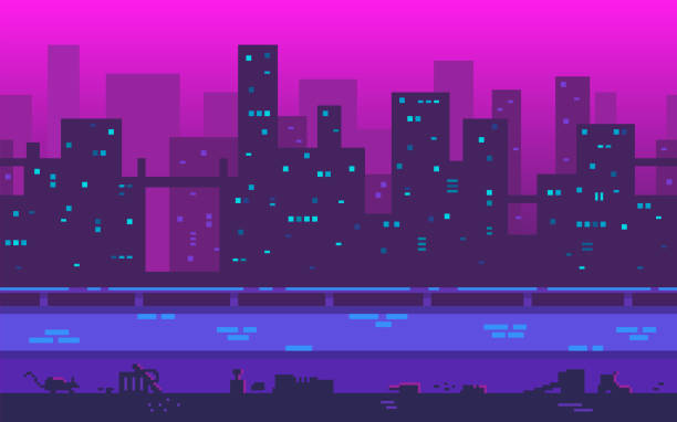 Pixel art playground. Metropolis with skyscrapers in the evening. Pixel art playground. Metropolis with skyscrapers in the evening. A large city with a place to move your character. Seamless vector background city backgrounds stock illustrations