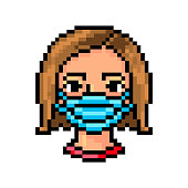 Pixel art portrait of a woman wearing sterile disposable medical face mask for coronavirus protection. 8 bit Covid-19 pandemy girl character isolated on white. Retro slot machine/video game graphics.