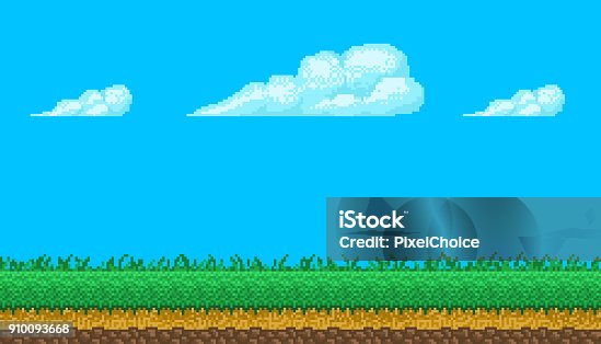 istock Pixel art seamless background with sky and ground. 910093668