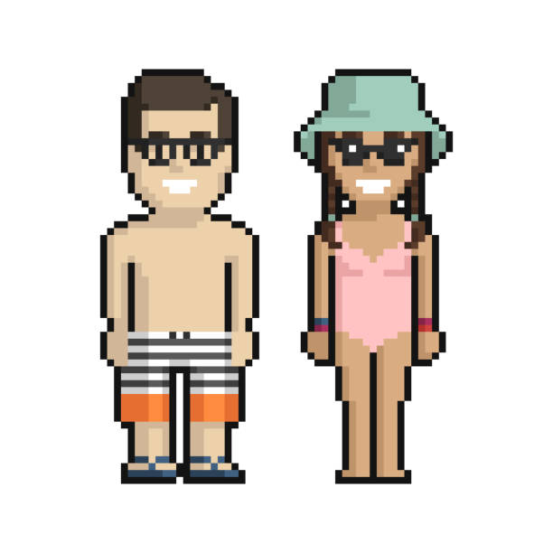 stockillustraties, clipart, cartoons en iconen met pixel art set of cute boy and girl on the beach in summer on a white background. - beach game group