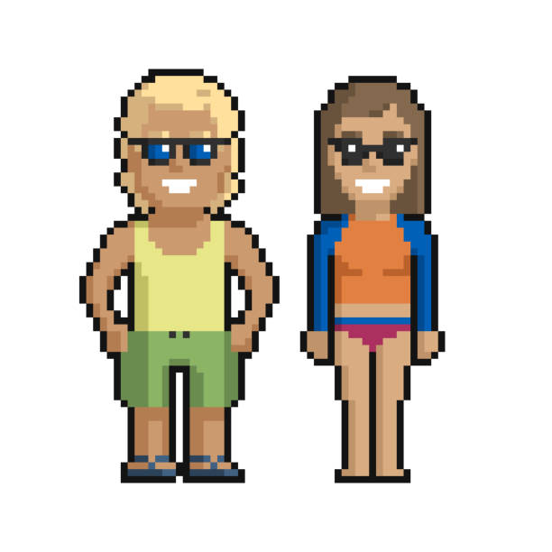 stockillustraties, clipart, cartoons en iconen met pixel art set of cute boy and girl on the beach in summer on a white background. - beach game group