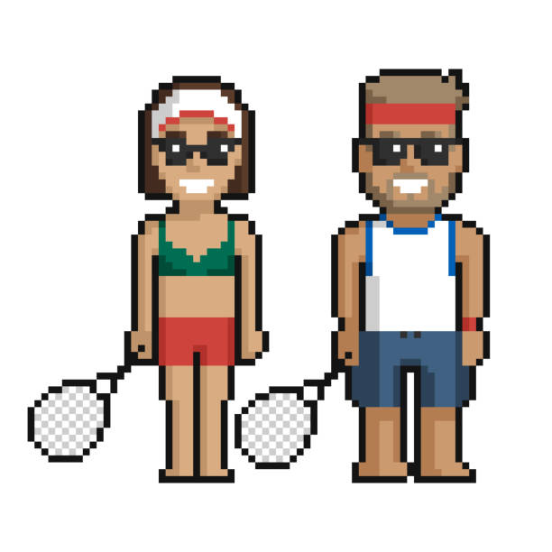 stockillustraties, clipart, cartoons en iconen met pixel art set of cute boy and girl on the beach with badminton on a white background. - beach game group