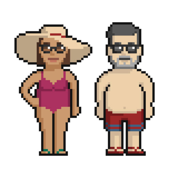 stockillustraties, clipart, cartoons en iconen met pixel art set of cute man and woman on the beach in summer on a white background. - beach game group