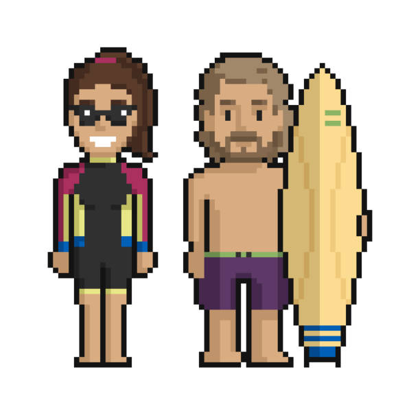 stockillustraties, clipart, cartoons en iconen met pixel art set of cute surfers on the beach in summer on a white background. - beach game group