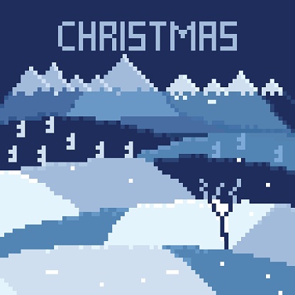 Pixel art snowy landscape at christmas