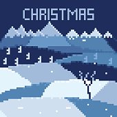 istock Pixel art snowy landscape at christmas 1340959235