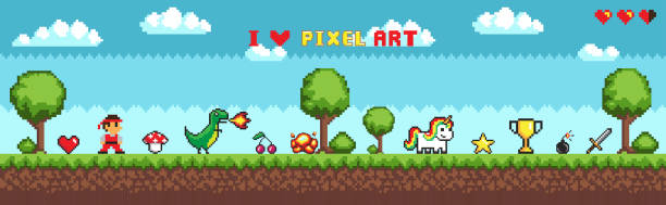 Pixel Art Style, Character in Game Arcade Play Pixel art style, character in game arcade play vector. Man with sharp sword fighting against dragon, retro gaming mode, unicorn and icons trophy star minecraft games stock illustrations