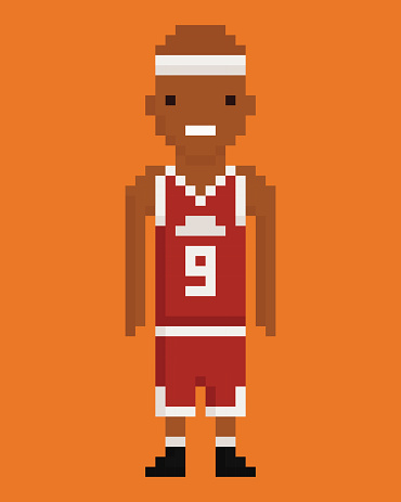 pixel art style young black man basketball player in red uniform with number 9 on orange background vector