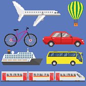 Pixel art transport set: plane, aerostat, bicycle, car, ship, bus, train. Vector illustration