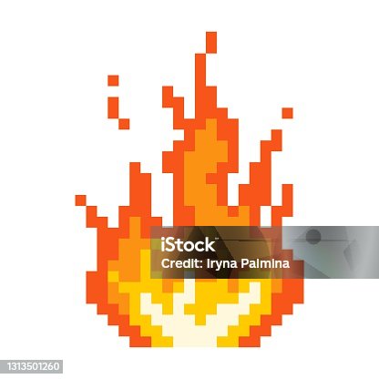 istock Pixel burning bonfire icon. Flaming fire with glowing yellow core red flame after powerful explosion. 1313501260