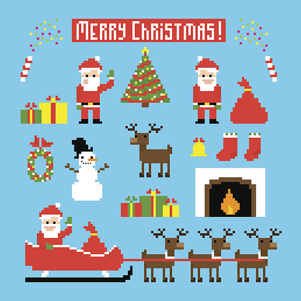 Pixel Christmas Pixel art set of icons with Santa, deers, snowman, christmas tree and other Christmas symbols funny santa cartoon pictures stock illustrations