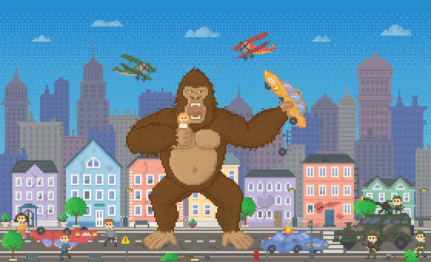 Pixel Game Design, 8 Bit Cityscape and Monster Pixel art game with monster eating citizens and cars. 8 bit retro arcade, police and fighting people shooting at gorilla. Cityscape with skyscrapers and buildings. Playing process vector in flat king kong monster stock illustrations