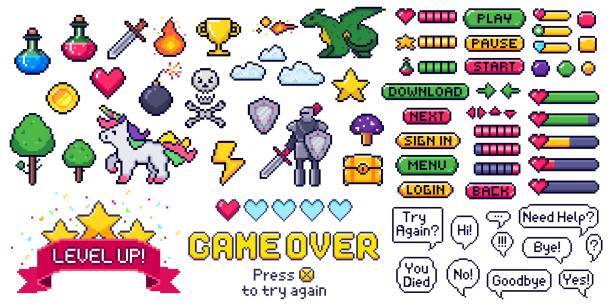 Pixel game elements set. Digital life bars and menu button as menu, stop and play. Speech bubbles with message Pixel game elements set. Digital life bars and menu button as menu, stop and play. Speech bubbles with message. Objects as heart and coin, trophy and fire, cloud and bomb vector illustration pixelated stock illustrations
