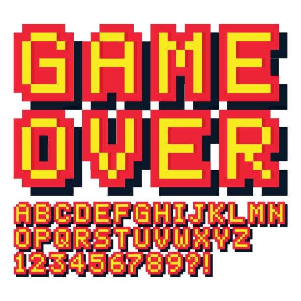 Pixel game font. Retro games text, Typescript, Video Game, Bit - Binary, Pixelated, Alphabet robot patterns stock illustrations