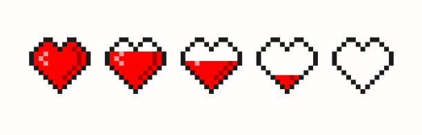 Pixel game life bar. Pixel game life bar. Vector art 8 bit health heart bar. Gaming controller, symbols set. pixelated stock illustrations