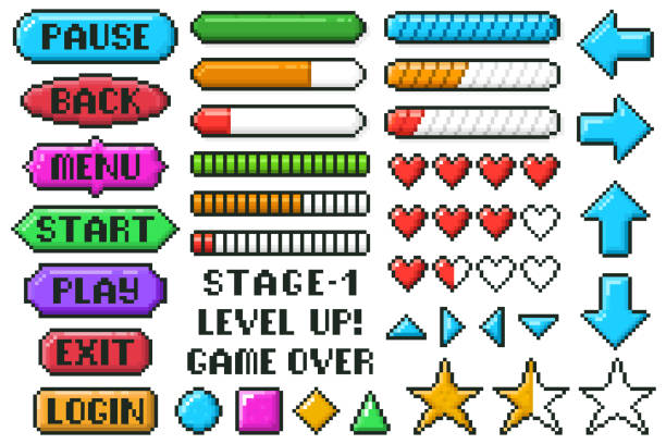 Pixel game menu buttons. Game 8 bit ui controller arrows, level and live bars, menu, stop, play buttons vector illustration set. Gaming menu buttons Pixel game menu buttons. Game 8 bit ui controller arrows, level and live bars, menu, stop, play buttons vector illustration set. Gaming menu buttons. Game interface pixel, gui 8-bit graphic pixelated stock illustrations