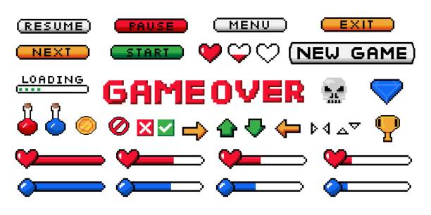 Pixel game UI. 8-bit interface buttons and arrows. Health and mana progress bar. Start or pause, resume and exit icons. Isolated menu sings collection. Vector screen navigation set vector art illustration