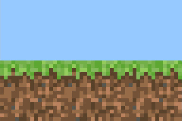 Pixel minecraft stijl land achtergrond. Concept van spel gemalen gepixelde horizontale naadloze achtergrond met blauwe hemel. Vector illustratie​​vectorkunst illustratie