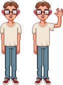 Pixelated geeky guy standing and making a very familiar hand gesture.
