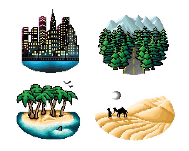 stockillustraties, clipart, cartoons en iconen met pictogramset pixel plaatst - beach game group