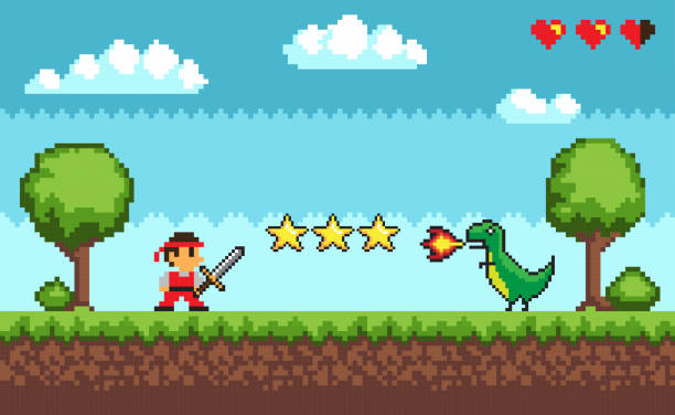 Pixel Retro Style of Game Mode Character Arcade Pixel retro style of 8bit game mode character arcade vector. Man with sword fighting against dangerous dragon spitting fire, fight battle, lives status video game stock illustrations