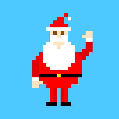 Pixel santa claus waving hand. Joyful holiday character in red outfit