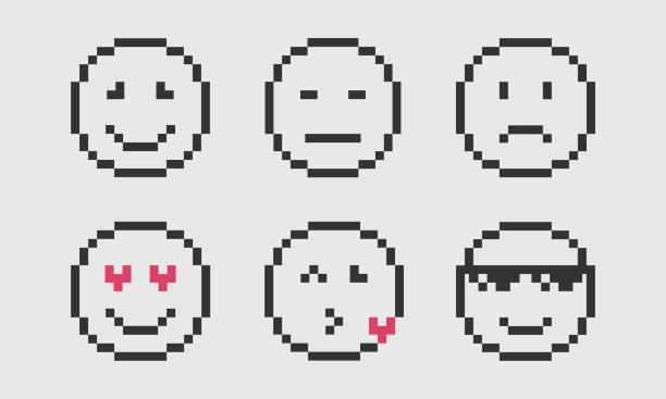 ilustraciones, imágenes clip art, dibujos animados e iconos de stock de icono de cara de emoji de sonrisa de píxel. juego de caras de sonrisa pixel emotion. sonrisa de cara emoji, estilo de píxeles. ilustración vectorial. - social media icons