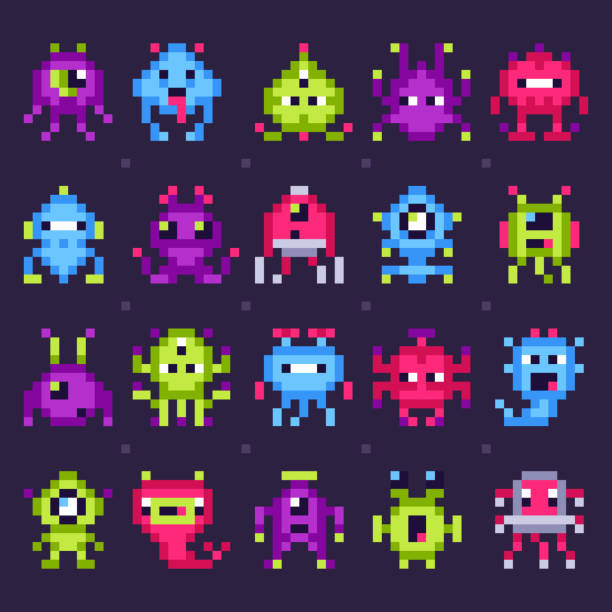 Pixel space monsters. Arcade video games robots, retro game invaders pixel art isolated vector set Pixel space monsters. Arcade video games robots, retro game invaders pixel art. Virus ufo invader characters, arcade pixel 8 bit game. Geek isolated vector icons set robot drawings stock illustrations