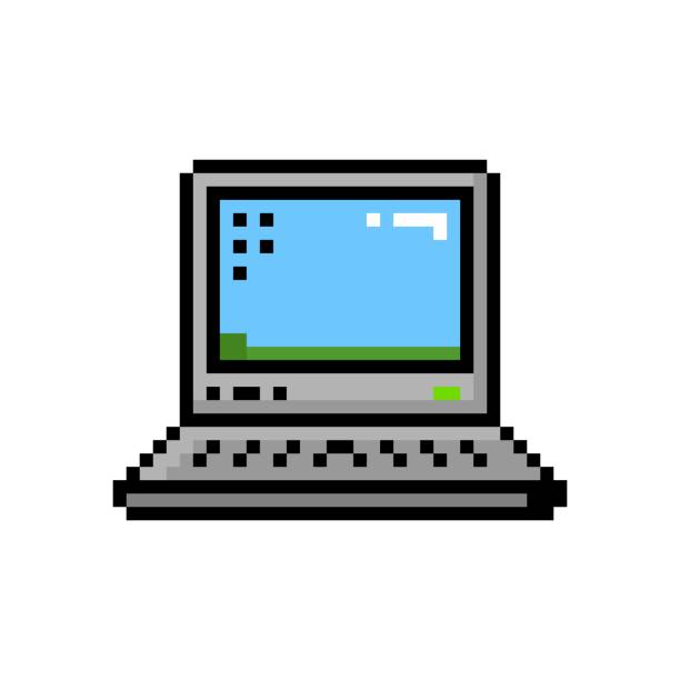 Pixel style small laptop desktop 8 bit icon vector art illustration