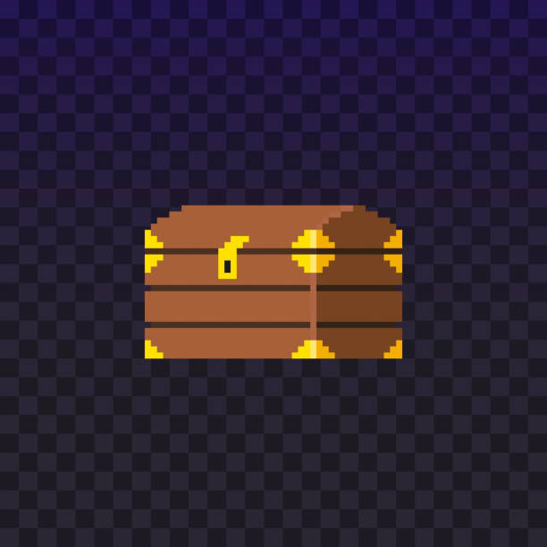 Pixel treasure chest for video game. Pixel treasure chest for video game. Wealth. Vector illustration isolated on dark background. avatar backgrounds stock illustrations