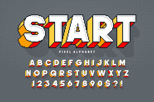 Pixel vector alphabet design, stylized like in 8-bit games. High contrast, retro-futuristic.