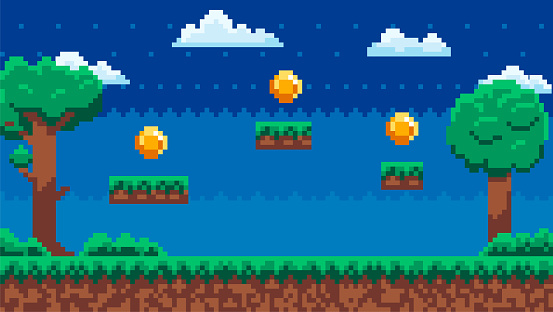 Pixel-game background with coins in sky at night. Pixel art scene with green grass and tall trees