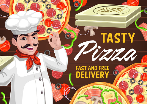 Pizza and chef, Italian restaurant delivery poster