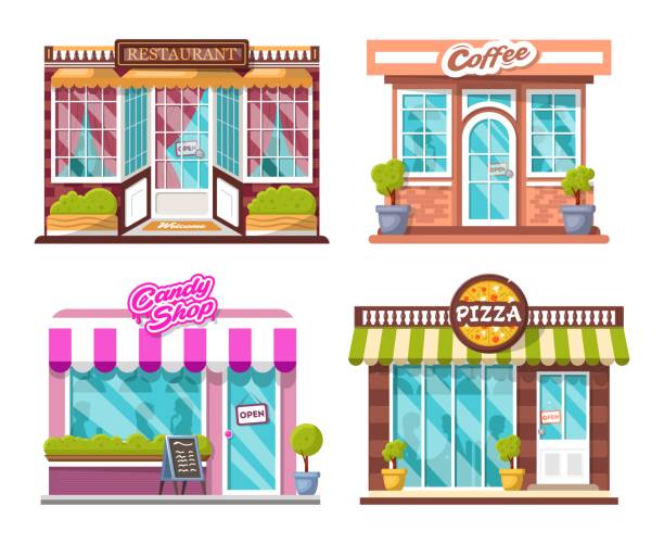 Pizza, candy shop, coffee house, restaurant, bushes, logos, windows with shadows of people Set of detailed flat design city public buildings with storefronts and different interior design elements. Pizza, candy shop, coffee house, restaurant, bushes, logos, windows with shadows of people. candy store stock illustrations