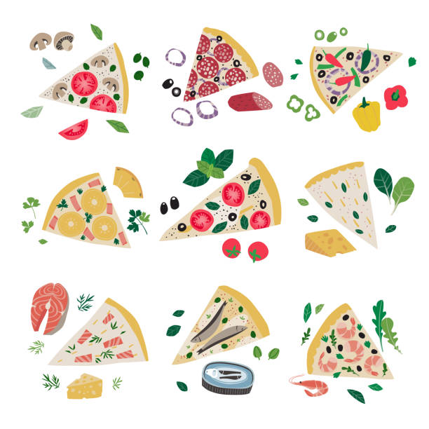 Pizza clip art vector illustration Collection of various pizza slices, clip art vector illustration margherita stock illustrations