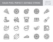Pizza delivery line icons. Vector illustration set with icon as cheese slice, courier, box, pepperoni, vegetarian restaurant. Outline pictogram for pizzeria menu. 64x64 Pixel Perfect Editable Stroke.