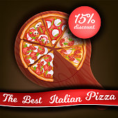 Italian fast food promotion banner with margherita, pepperoni slices, tomatoes, mozzarella, shrimps