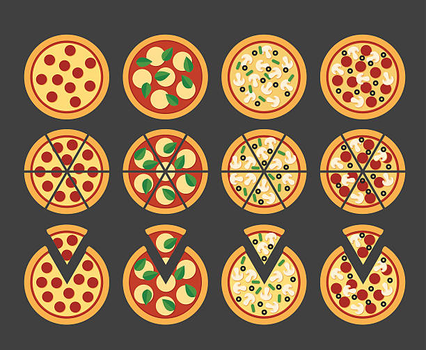 Pizza icons Set of 12 flat pizza icons, sliced with separate pieces and unsliced. Pepperoni, Margherita, Veggie lover pizza, and Pepperoni with olives and mushrooms. pizza stock illustrations