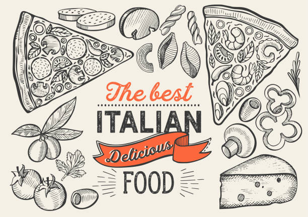 Pizza illustration for restaurant on vintage background. Vector hand drawn poster for food cafe and italian cuisine truck. Design with lettering and doodle graphic vegetables. Pizza illustration for italian cuisine restaurant. pizza stock illustrations