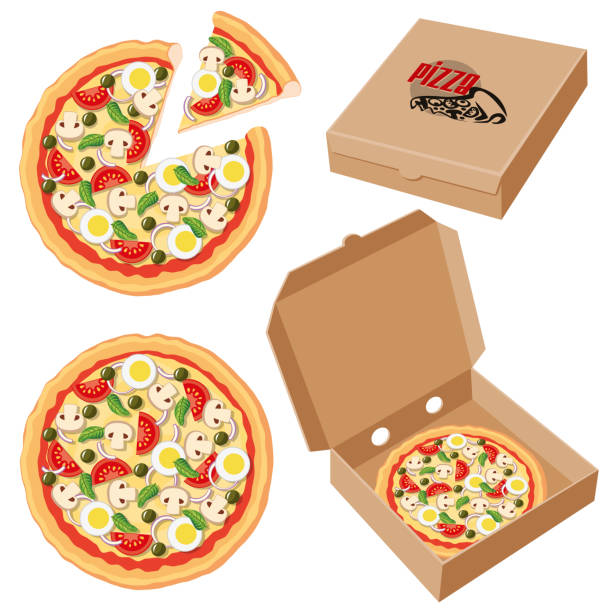 Pizza inside a Cardbox Clip art Vector illustration with a happy, colorful and tasty Pizza inside a Cardbox Clip art poster clipart stock illustrations