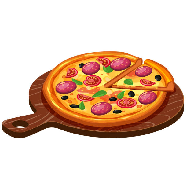 ilustrações de stock, clip art, desenhos animados e ícones de pizza isometric with ingredients tomato, salami, cheese, mushrooms on woodern serving tray. vector illustration - pizza table